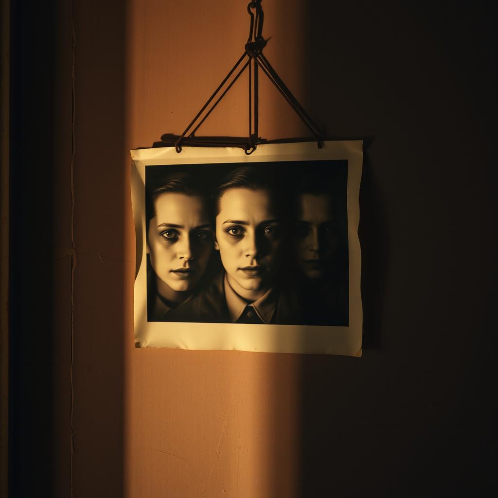 An old photograph hanging on a wall that showcases distorted faces, captured in a 1940s vintage style
