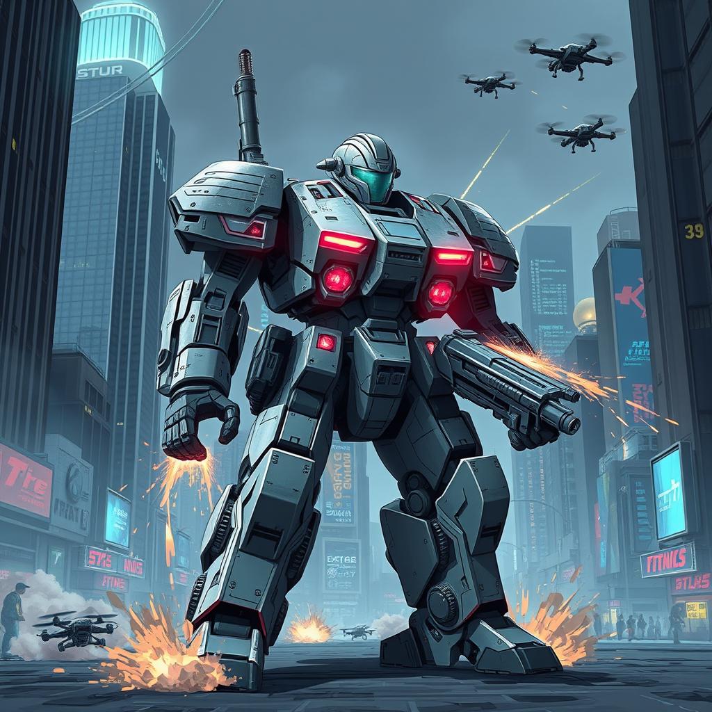 A dynamic illustration of a futuristic, armored military robot, heavily equipped with advanced weaponry, standing in a high-tech urban environment