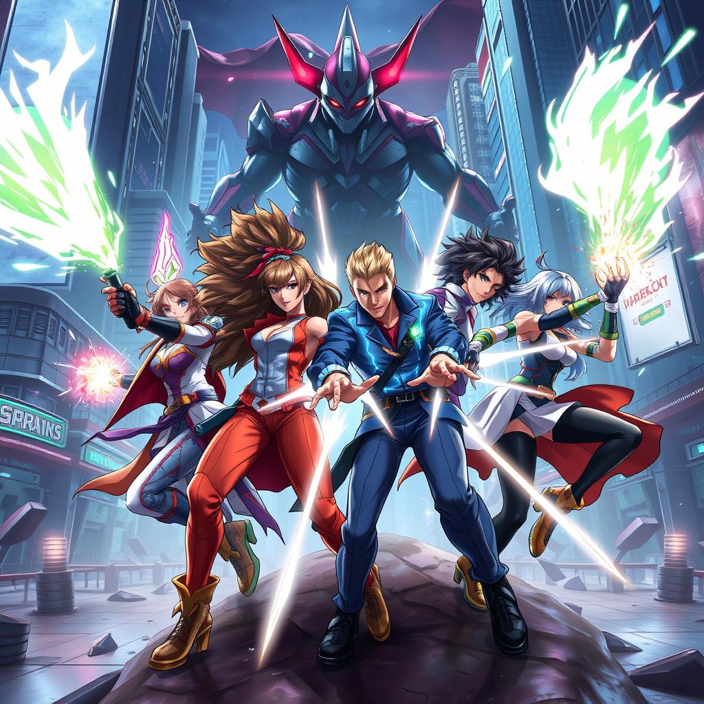 A dynamic team of four diverse and skilled characters, each with unique abilities and styles, heroically fighting against an oppressive force in a futuristic urban setting