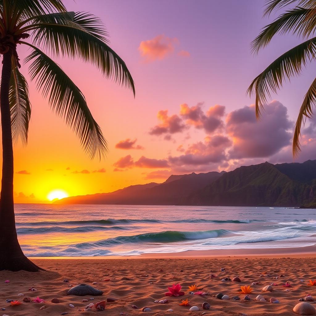 A stunning view of Ihalakaotte showcasing a vibrant sunset over the ocean, with lush green hills in the background