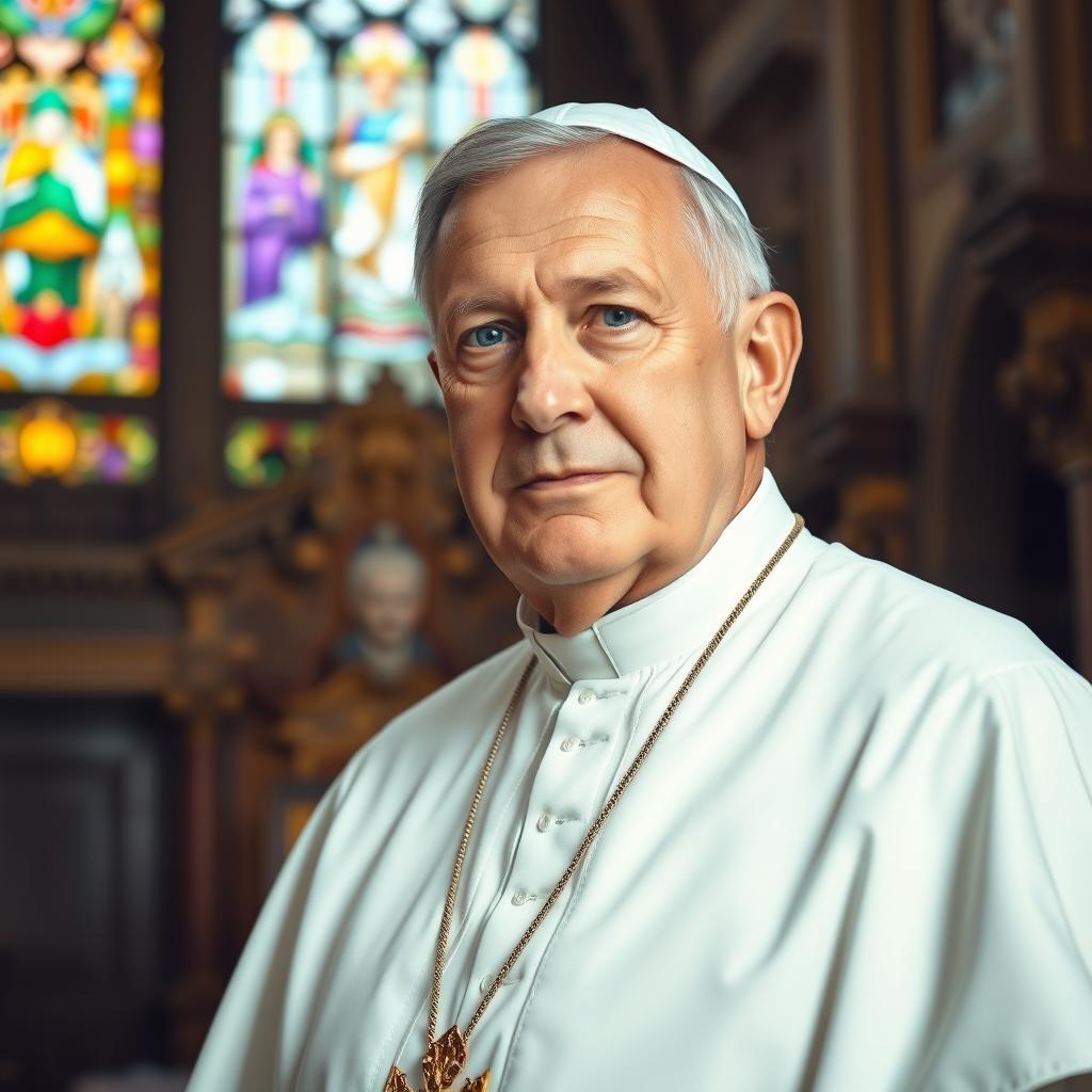 A portrait of a middle-aged man dressed as a Pope, wearing traditional papal regalia including a white cassock, a symbolic papal stole, and a white papal zucchetto