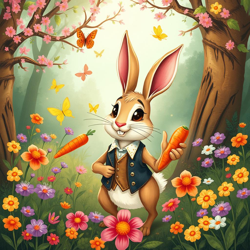 A whimsical and vibrant illustration of a cunning hare, known as a 'зайцегон плут', who is cleverly navigating a forest filled with colorful flowers and lush greenery