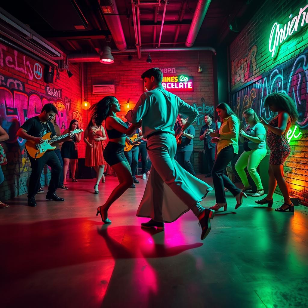 An underground bachata dance group showcasing intricate footwork in a vibrant urban setting
