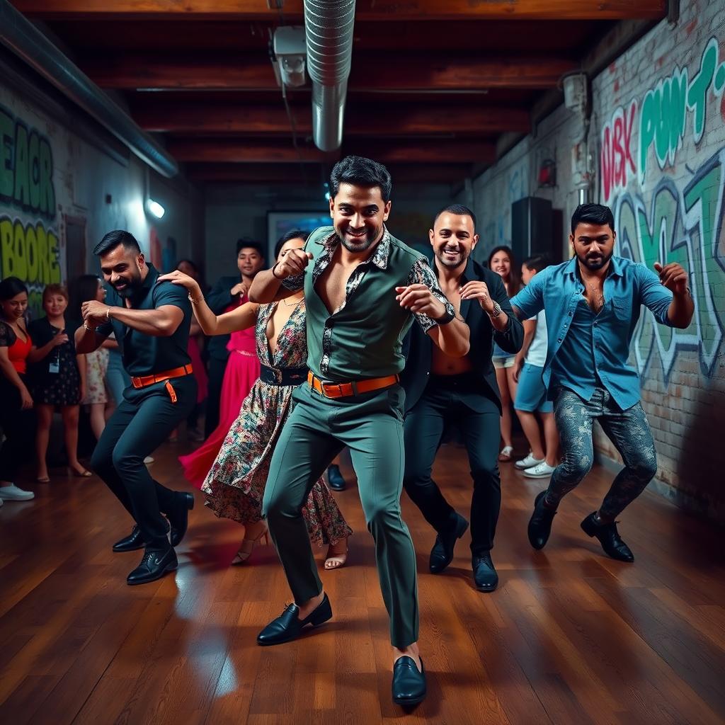 A dynamic underground bachata dance scene featuring a group of stylish men showcasing their impressive moves
