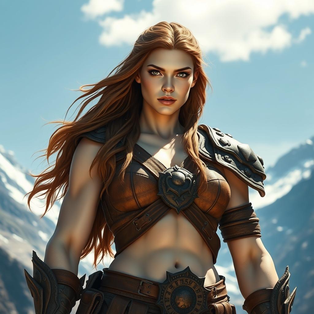 A female Goliath with pale skin and striking features stands confidently, showcasing her muscular physique
