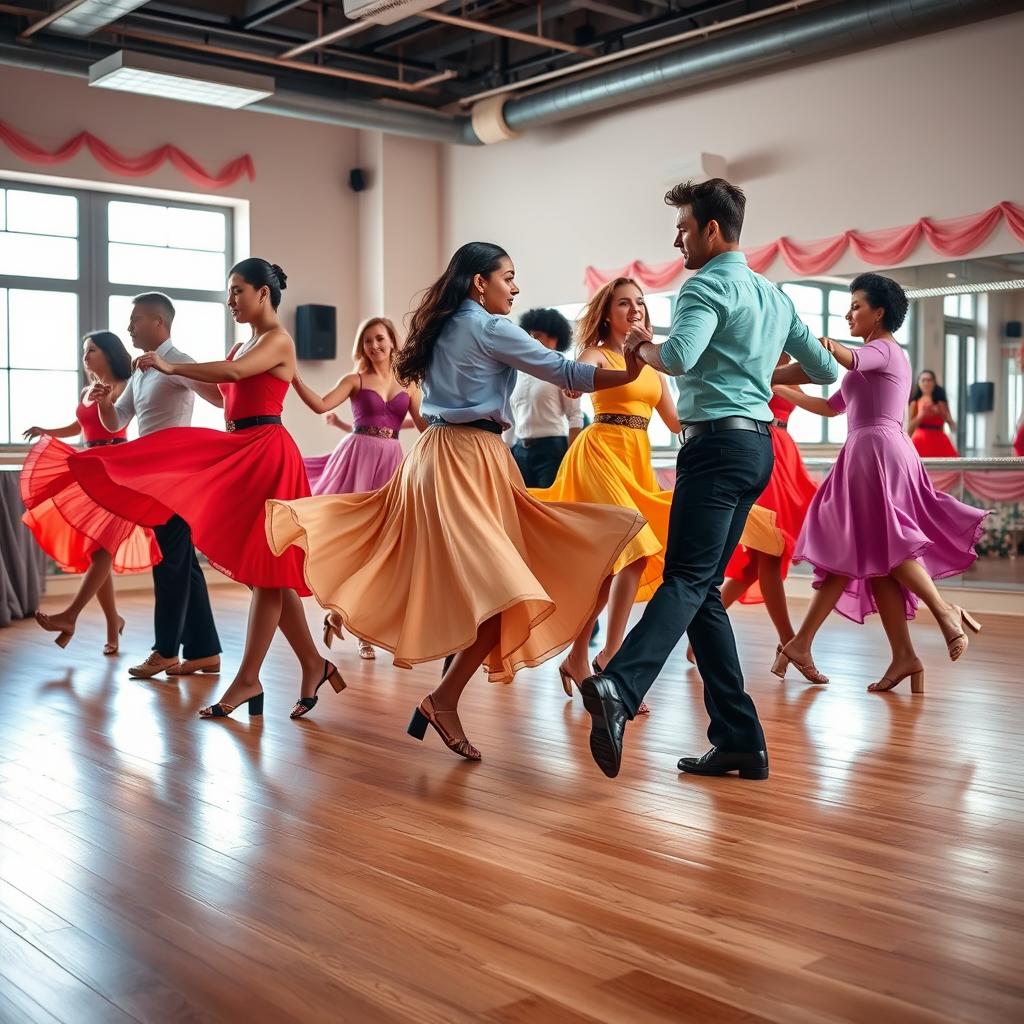 A group of dancers performing intricate bachata footwork in a lively dance studio