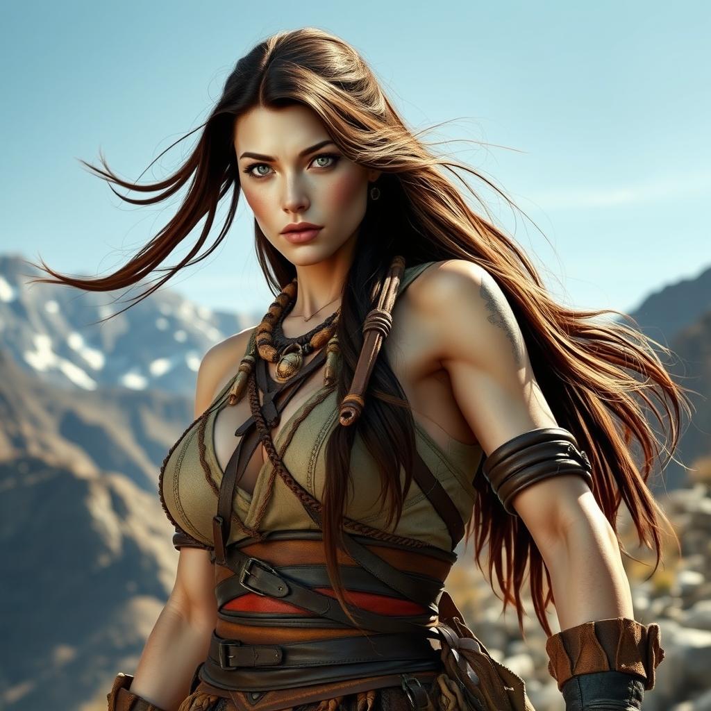 A female Goliath with bone-pale skin stands powerfully in a rugged outdoor setting, her long brown hair flowing elegantly around her shoulders