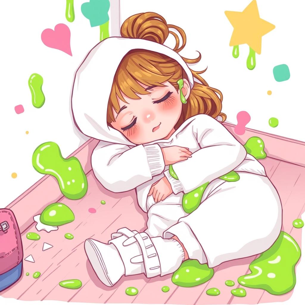A whimsical illustration of a young girl peacefully sleeping on the floor, comfortably nestled in a cozy, messy environment