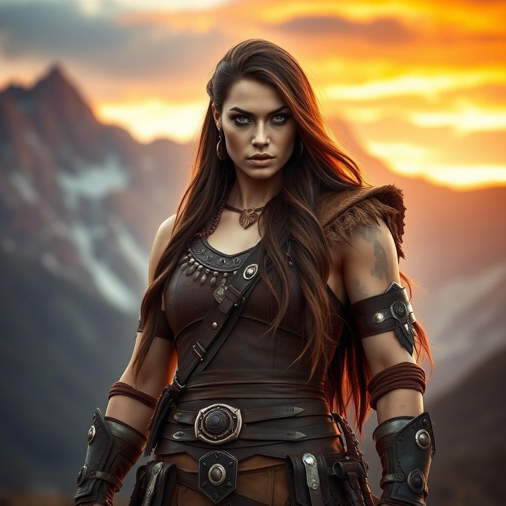 A powerful female Goliath with bone-pale skin stands majestically in a rugged outdoor setting