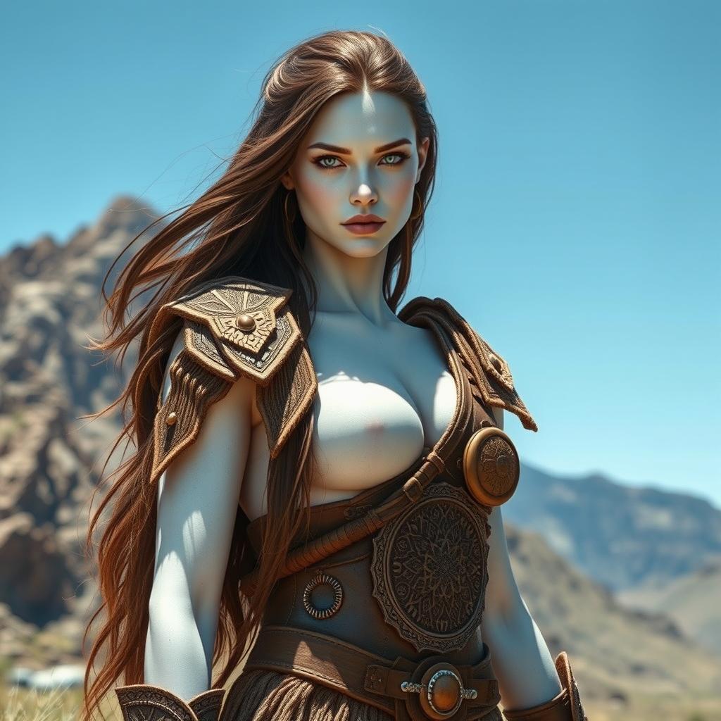 A striking female Goliath with milk-white skin stands in a rugged landscape, exuding an aura of strength and grace
