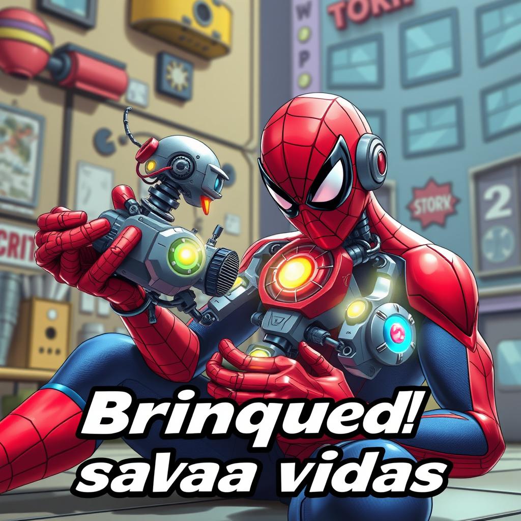 Spider-Man experimenting with a futuristic robotic toy, with a focus on the intricate details of the toy's mechanics and vibrant colors