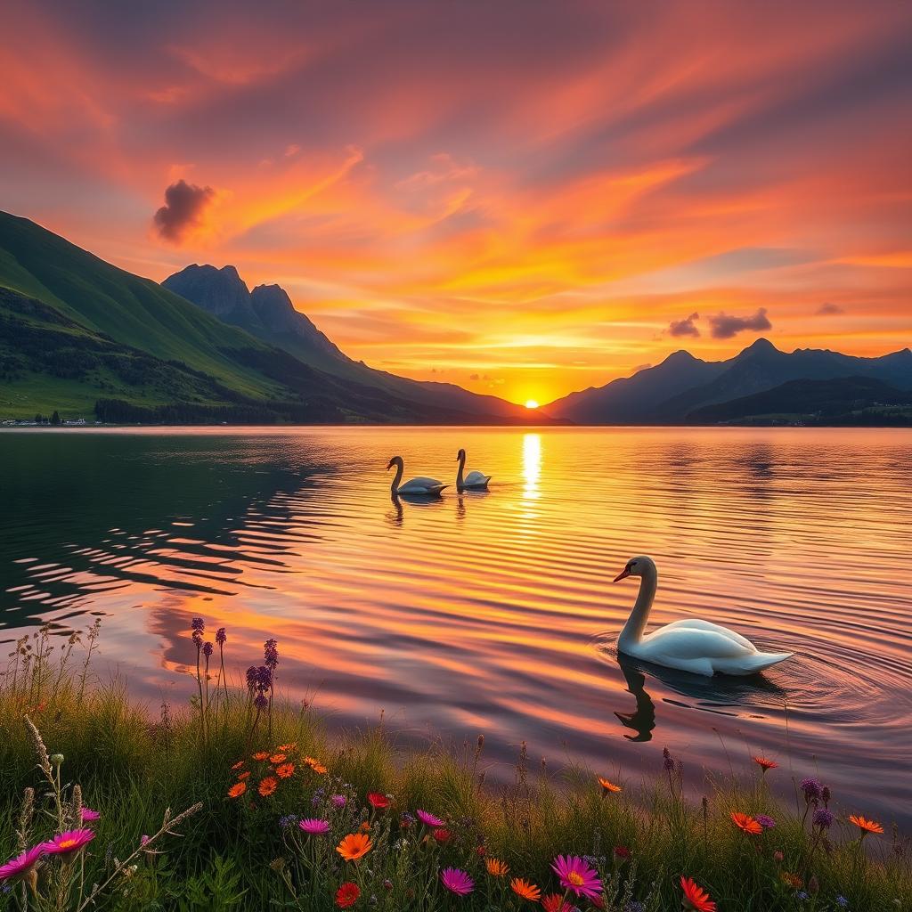 A serene and beautiful landscape showcasing a picturesque lake reflecting the vibrant colors of a sunset, surrounded by lush green hills and a few towering mountains in the background