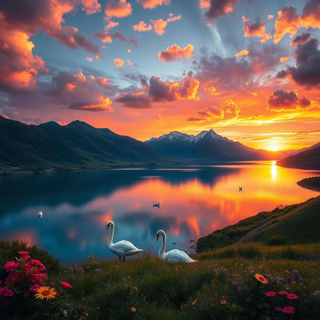 A vibrant and serene landscape featuring a crystal-clear lake that reflects the dramatic colors of a breathtaking sunset