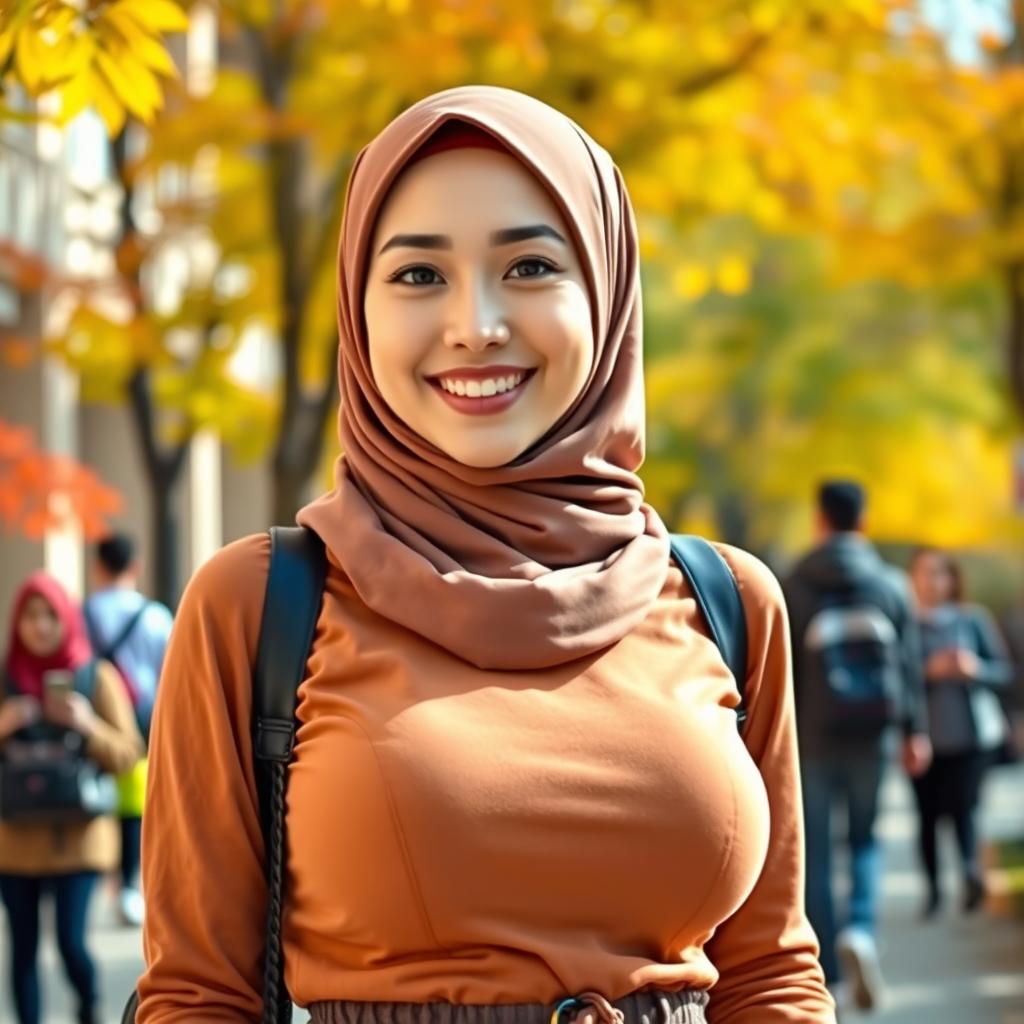 A beautiful woman wearing a hijab, featuring an elegantly large and round bust, representing a mix of English and South Korean descent