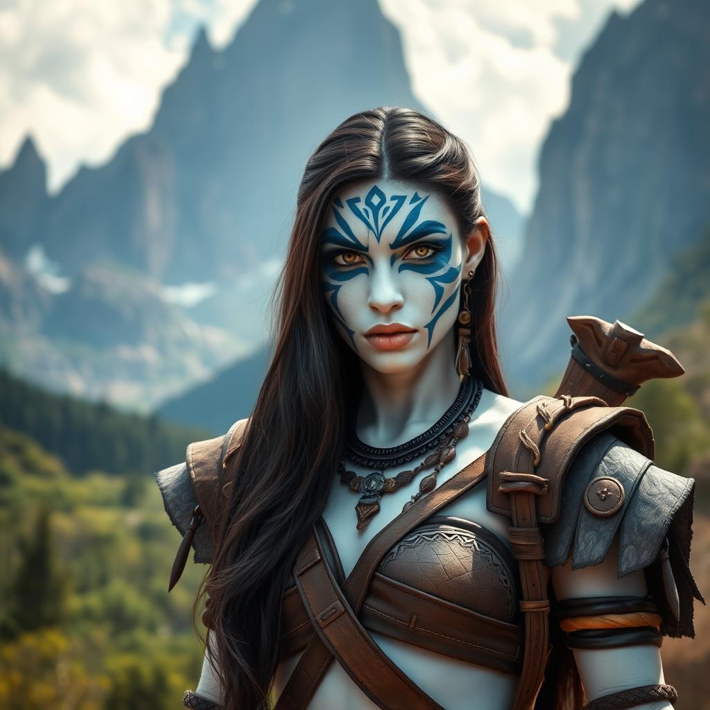 A stunning female Goliath with milk-white skin stands confidently in an enchanting outdoor environment