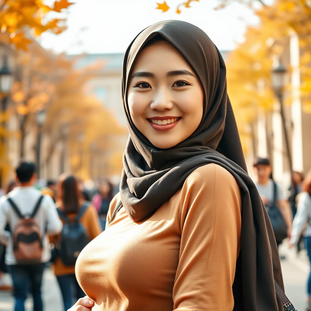 A stunning woman wearing a hijab, showcasing a large and round bust, embodying a blend of English and South Korean heritage