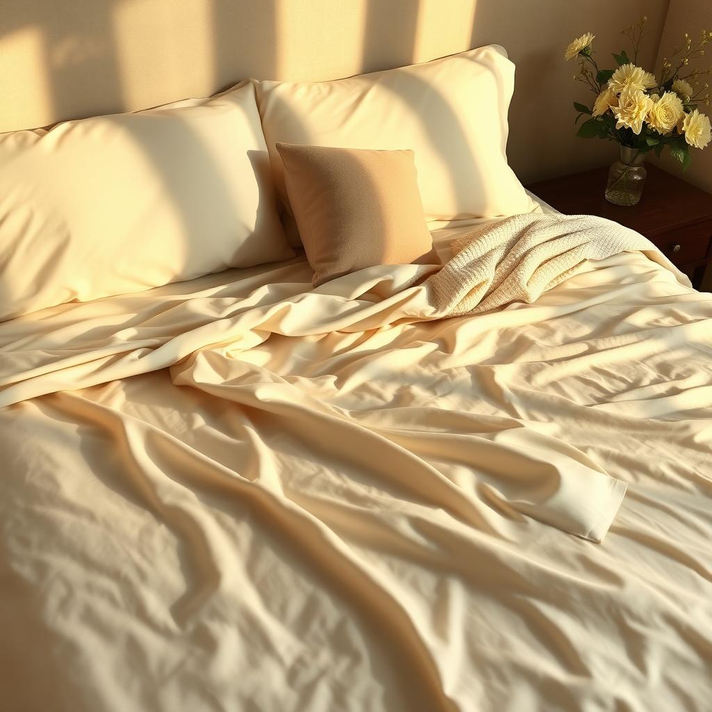 A cozy bedroom scene featuring smooth, elegant bed sheets with a luxurious texture, softly draping over the mattress
