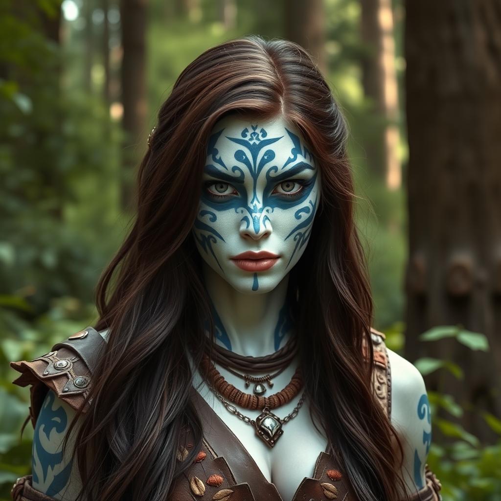 A striking female Goliath with milk-white skin exudes a powerful presence in a mystical forest setting