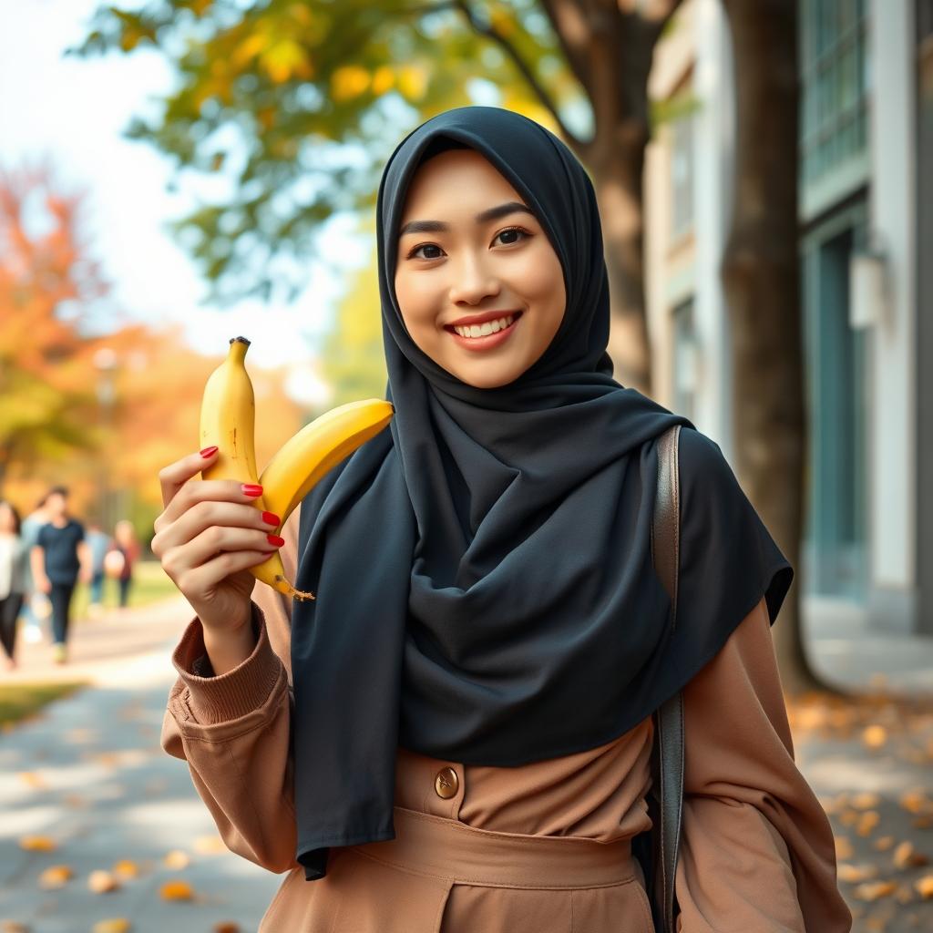 A beautiful woman wearing a hijab, showcasing a large and rounded bust, embodying a blend of English and South Korean heritage