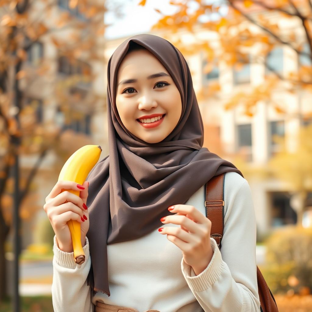 A beautiful woman wearing a hijab, featuring an elegantly large and round bust, embodying a blend of English and South Korean heritage