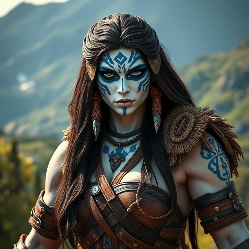 A powerful female Goliath with striking milk-white skin showcases her strength in a breathtaking outdoor scene