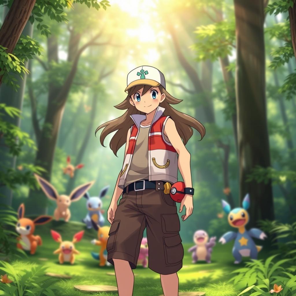 A dynamic and engaging scene featuring a Pokémon trainer with long, flowing hair standing confidently in a lush, vibrant forest