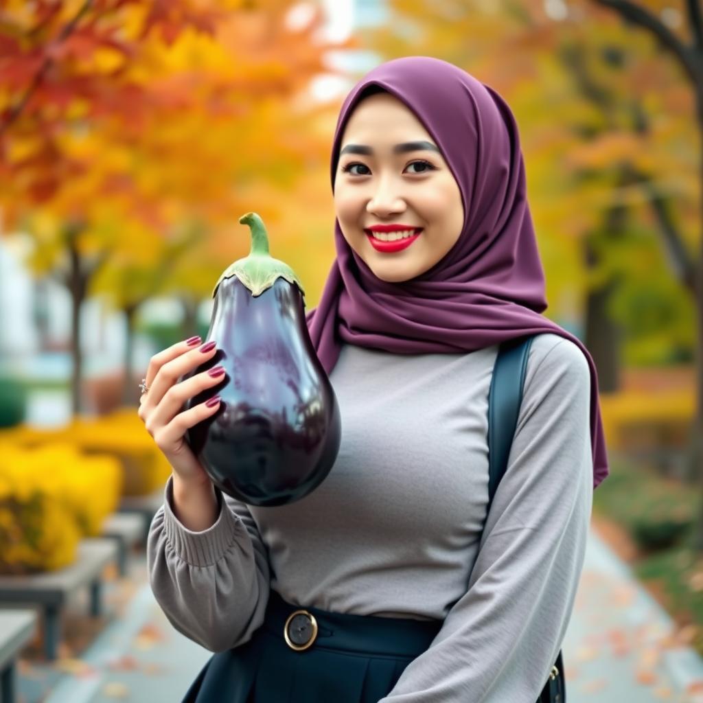 A beautiful woman wearing a hijab, exhibiting a large and rounded bust, representing a captivating blend of English and South Korean heritage