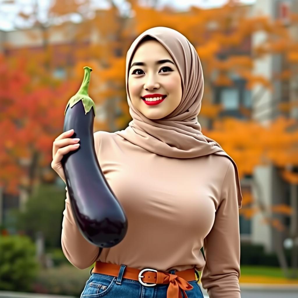 A beautiful woman wearing a hijab, displaying a large and rounded bust, reflecting a unique blend of English and South Korean heritage