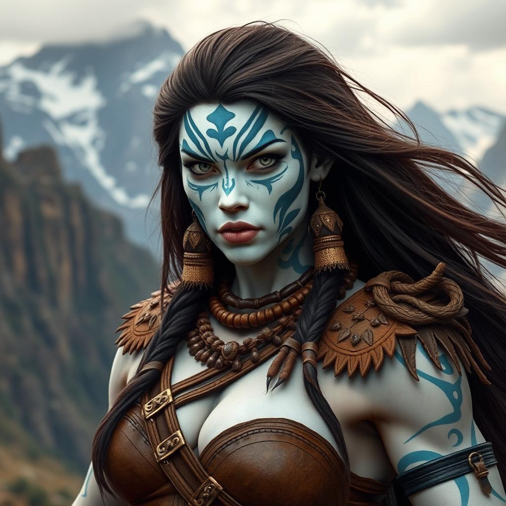 A formidable female Goliath with striking milk-white skin displays her strength in a captivating mountainous setting