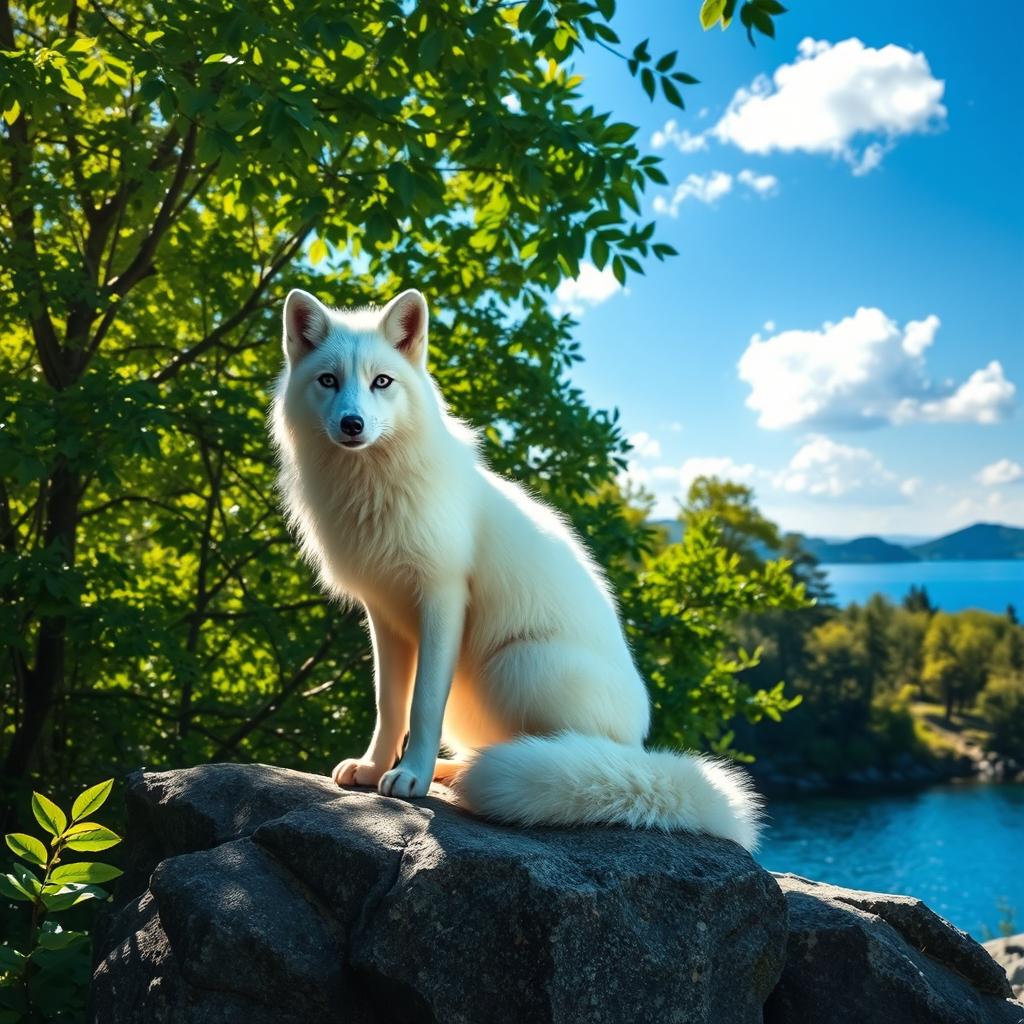 A majestic white fox sitting gracefully on a rocky outcrop surrounded by lush green trees and a sparkling blue lake in the background
