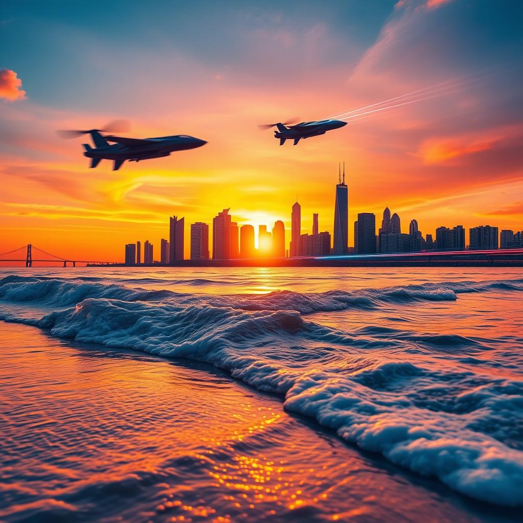 A creative blend of two photo styles, showcasing a beautiful sunset over a serene beach, where the golden sun dips below the horizon, casting warm hues of orange, pink, and purple across the sky