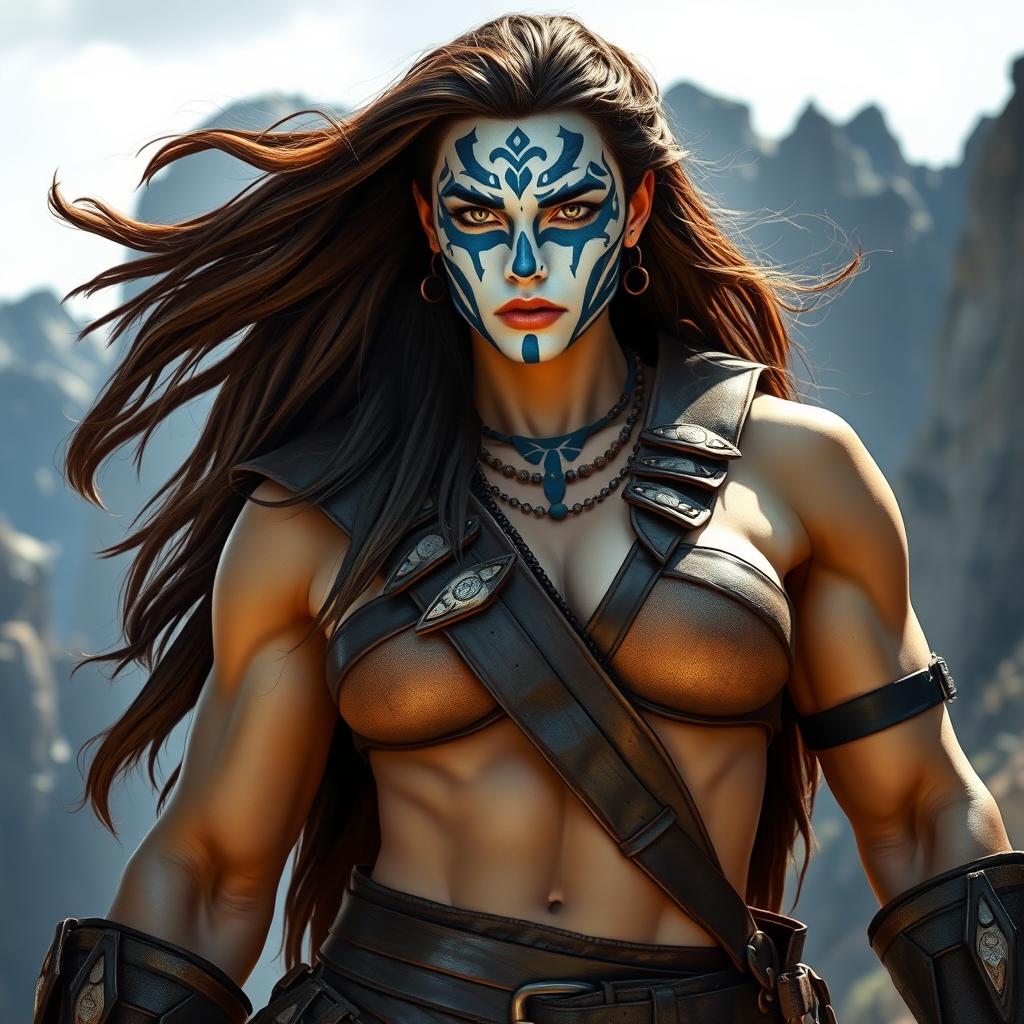 A strong female Goliath stands confidently in a dramatic mountainous landscape, showcasing her impressive stature
