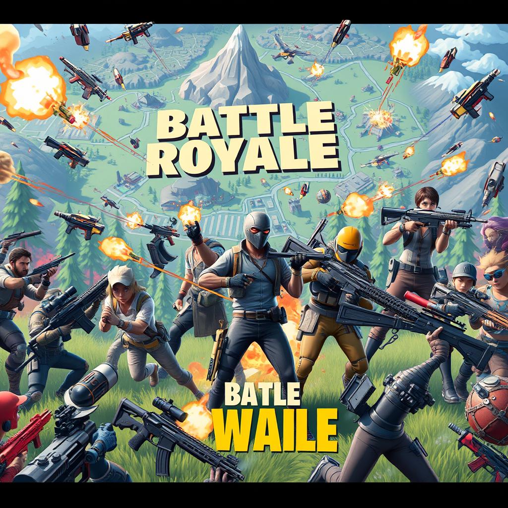 A dynamic and colorful scene showcasing a vibrant battle royale setting filled with various gaming elements
