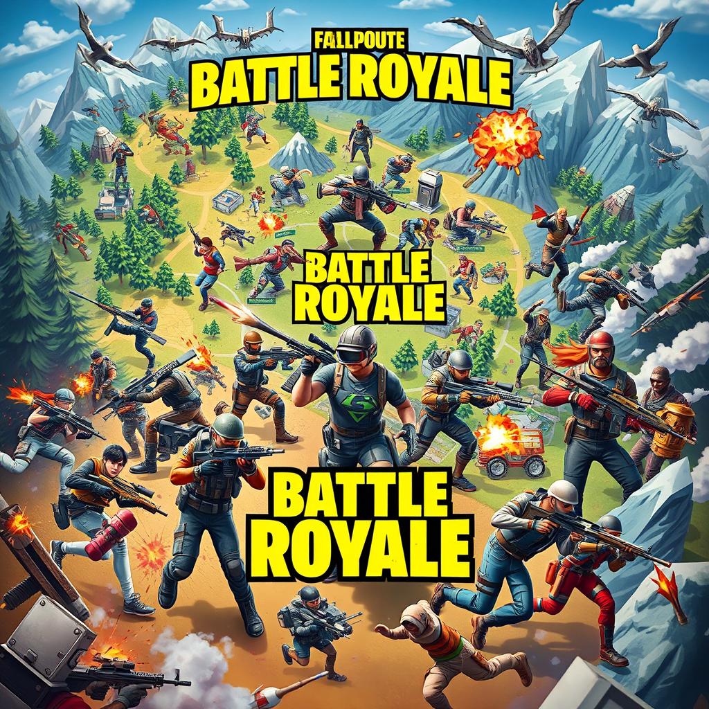A vibrant and action-packed scene showcasing a variety of popular battle royale games