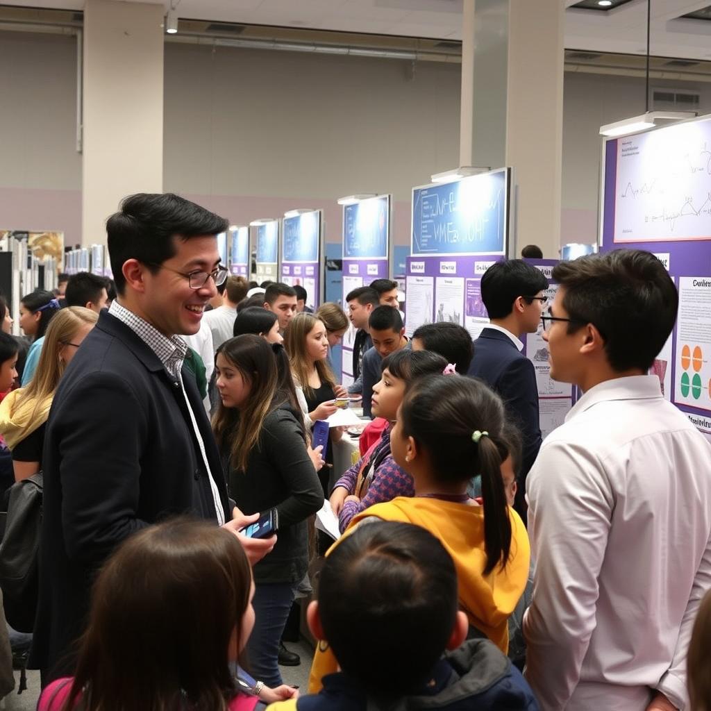 Peter Park at an academic fair, surrounded by colorful booths showcasing various student projects and presentations