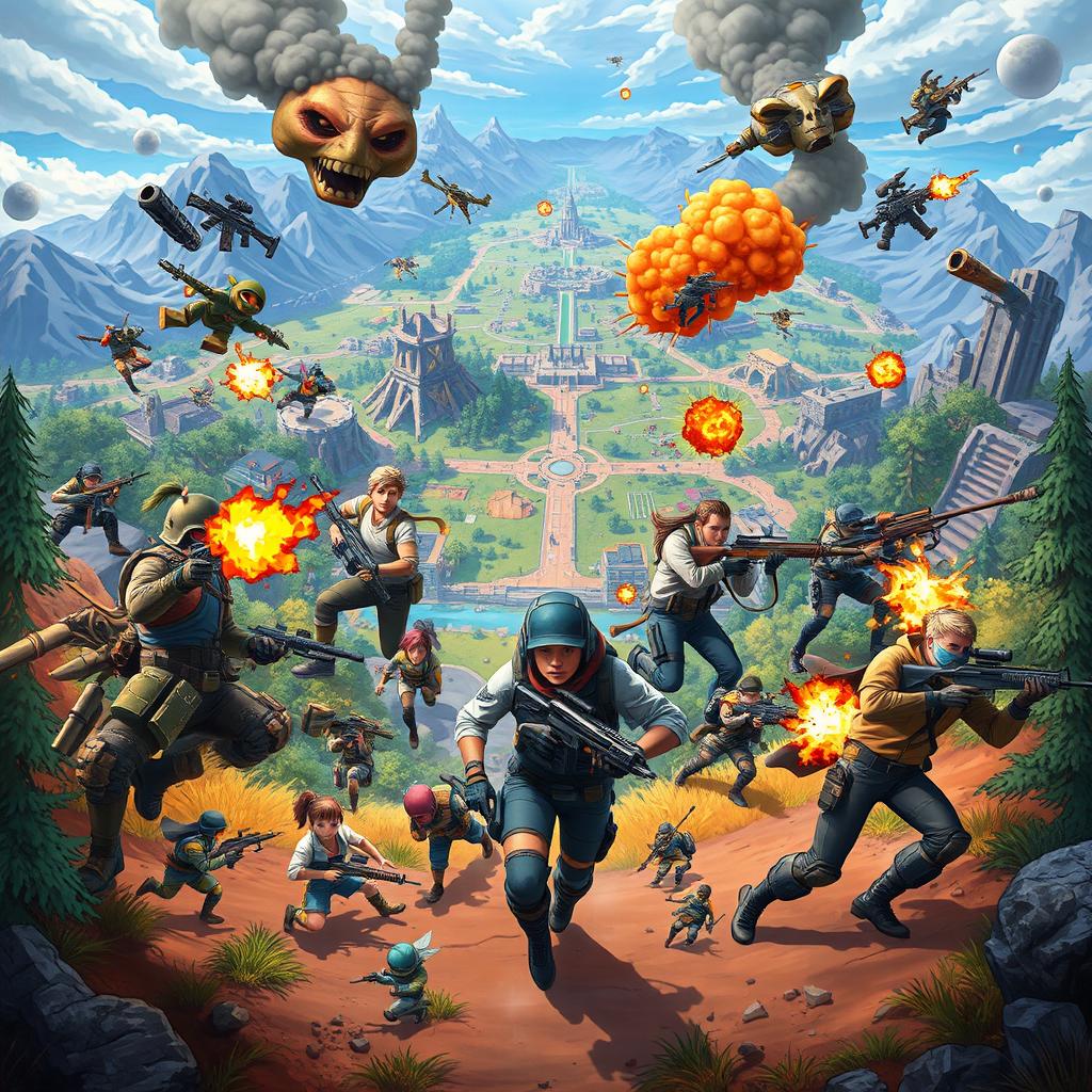 A vibrant and engaging scene featuring various elements from popular battle royale games