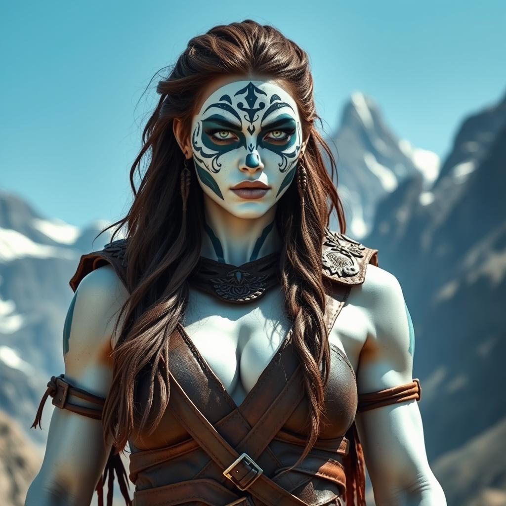 A strong female Goliath with striking milk-white skin stands proudly in a rugged, mountainous landscape