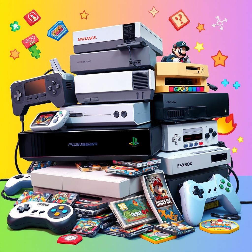 A dynamic and colorful composition featuring a variety of video game consoles, handheld devices, and video games stacked together