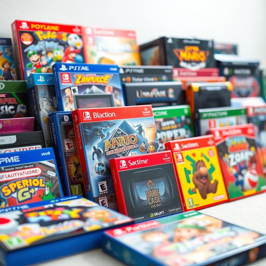 A vibrant and colorful assortment of electronic video games arranged neatly in a visually appealing manner