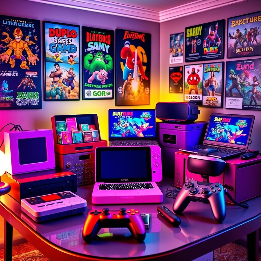 A bright and colorful display of various electronic gaming consoles and accessories including a retro game console with classic cartridges, a modern gaming laptop, a handheld gaming device, virtual reality headset, and a couple of gaming controllers