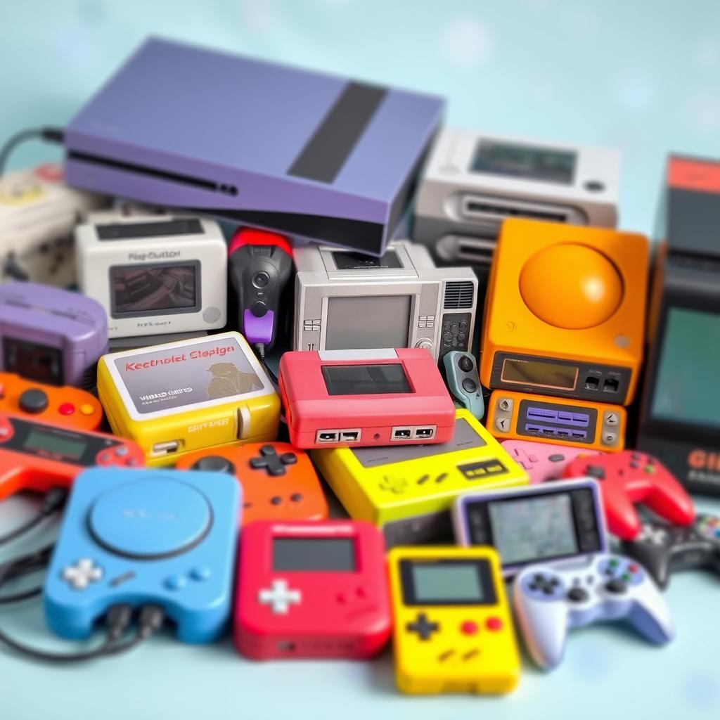 A vibrant and colorful display of various electronic video game consoles and accessories, including a sleek modern gaming console, classic retro consoles, game controllers, and popular handheld devices