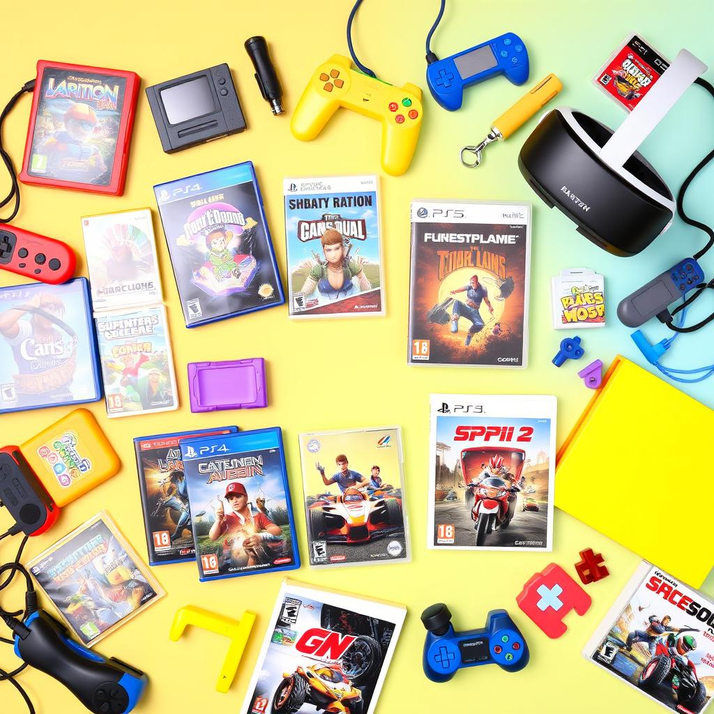 A vibrant and colorful assortment of electronic video games, showcasing various genres such as action, adventure, and racing