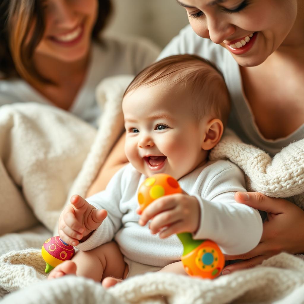 A cozy and nurturing environment that showcases an infant (0-1 year) happily interacting with brightly colored rattles that make sounds
