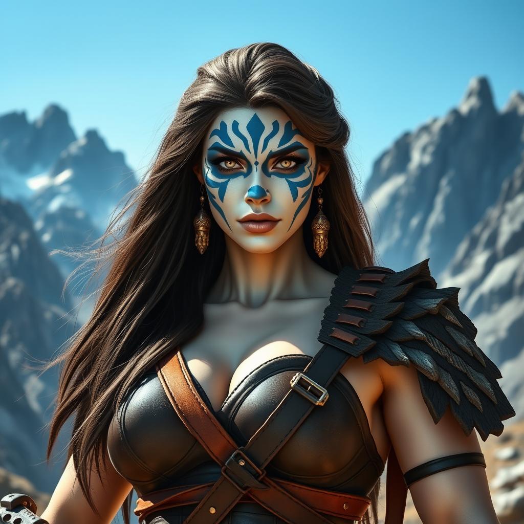 A strong female Goliath stands proudly in a rugged, mountainous landscape