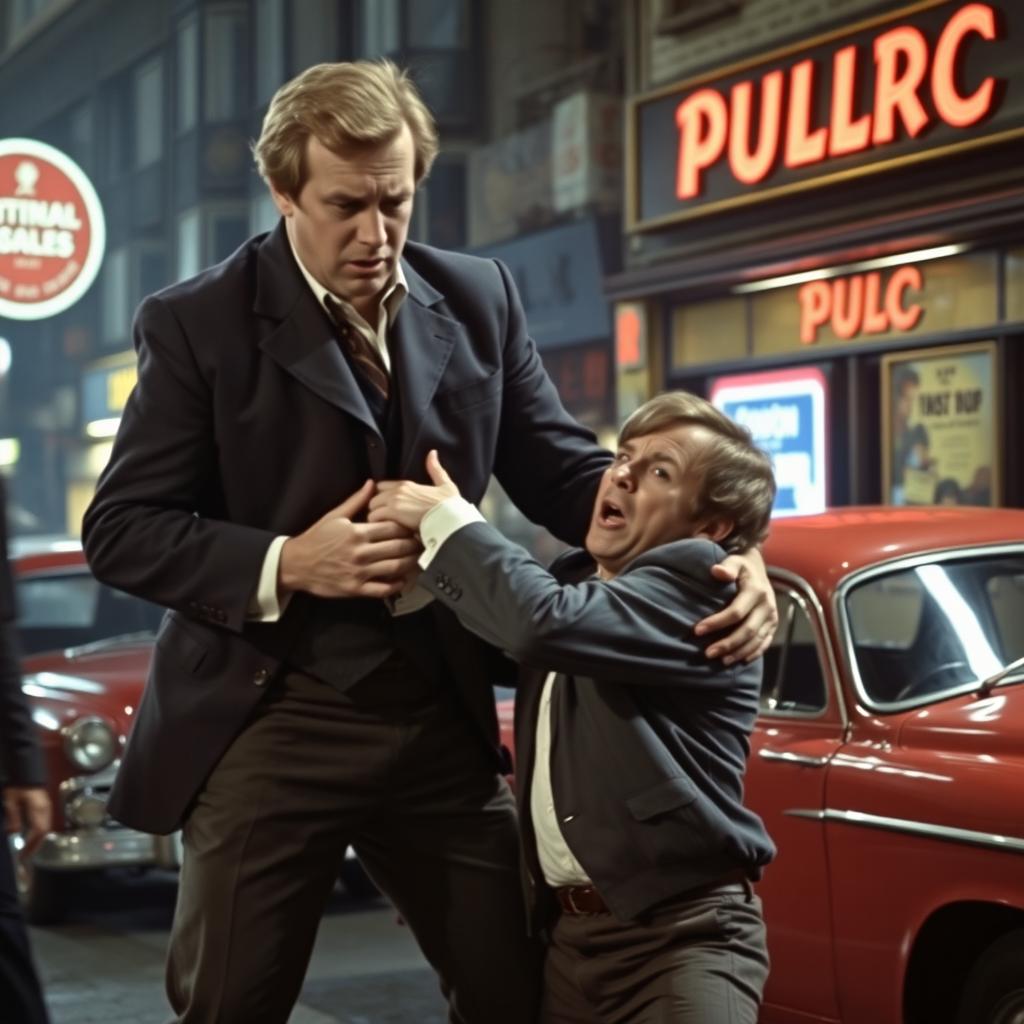 A dramatic scene set in the 1970s, featuring a tall, white British man with a frustrated expression, aggressively grappling another man in a tense confrontation
