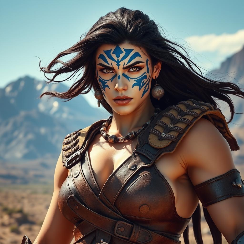 A strong female Goliath stands majestically in an expansive, rugged landscape