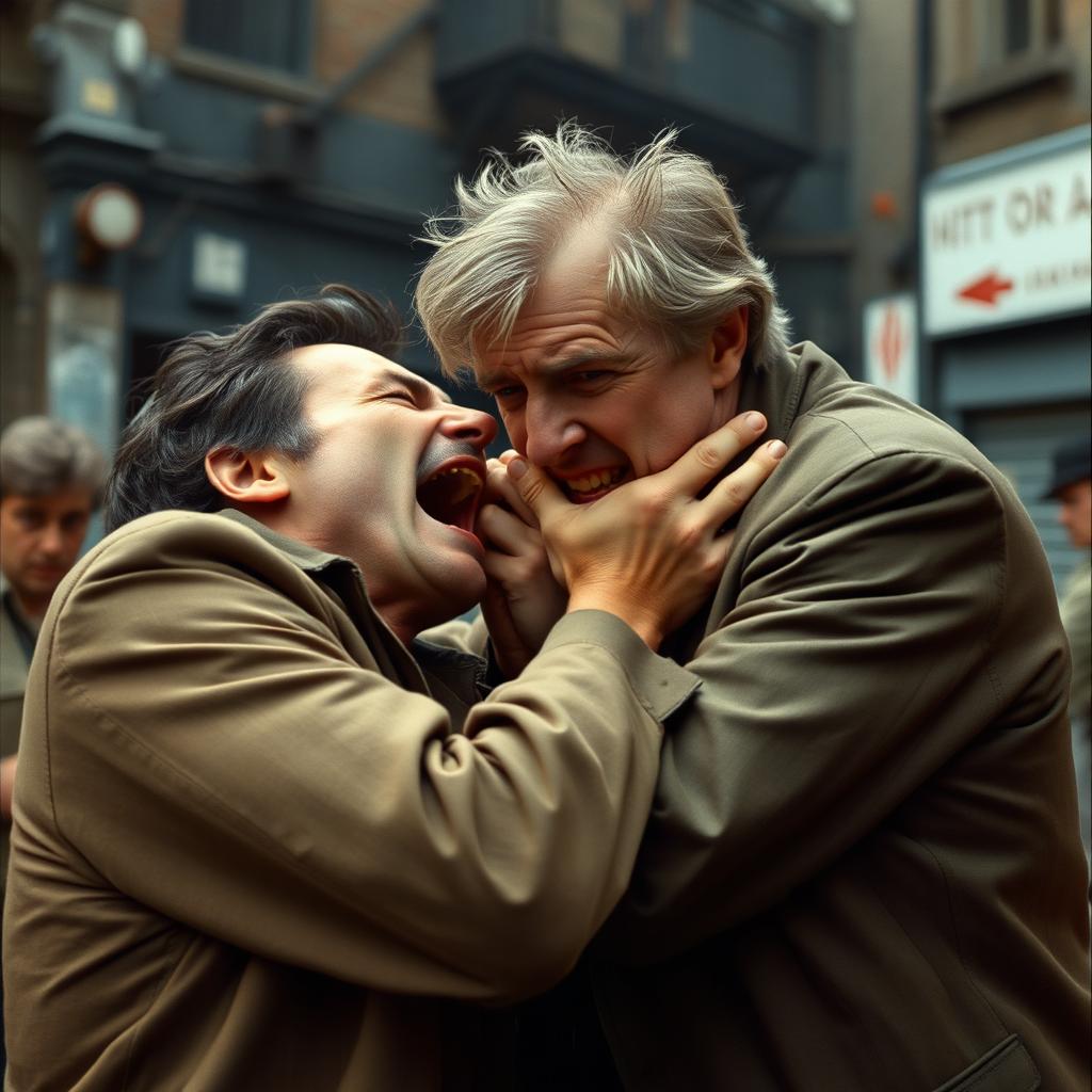A tall, angry white English man from the 1970s, fiercely gripping another man by the throat with his hands in a dramatic confrontation