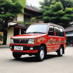 A Toyota Kijang Grand Extra painted with a dragon pattern