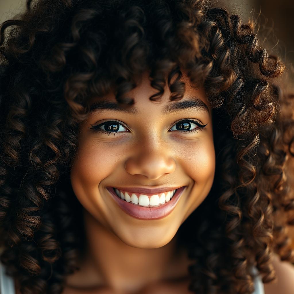 A close-up portrait of a young adult with beautiful, voluminous curly hair that cascades softly around their shoulders, highlighting the rich texture and shine of the curls