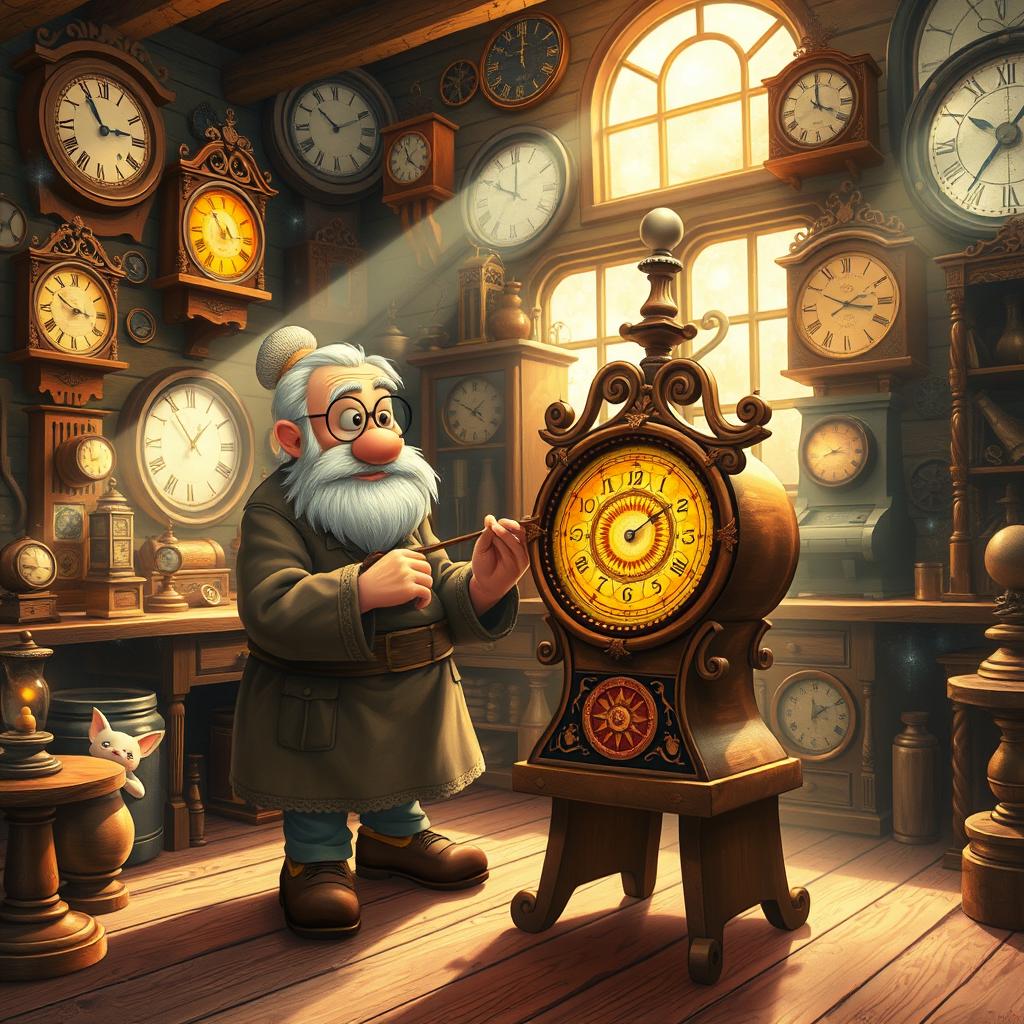 A whimsical scene depicting the magic story titled "The Clockmaker's Gift"